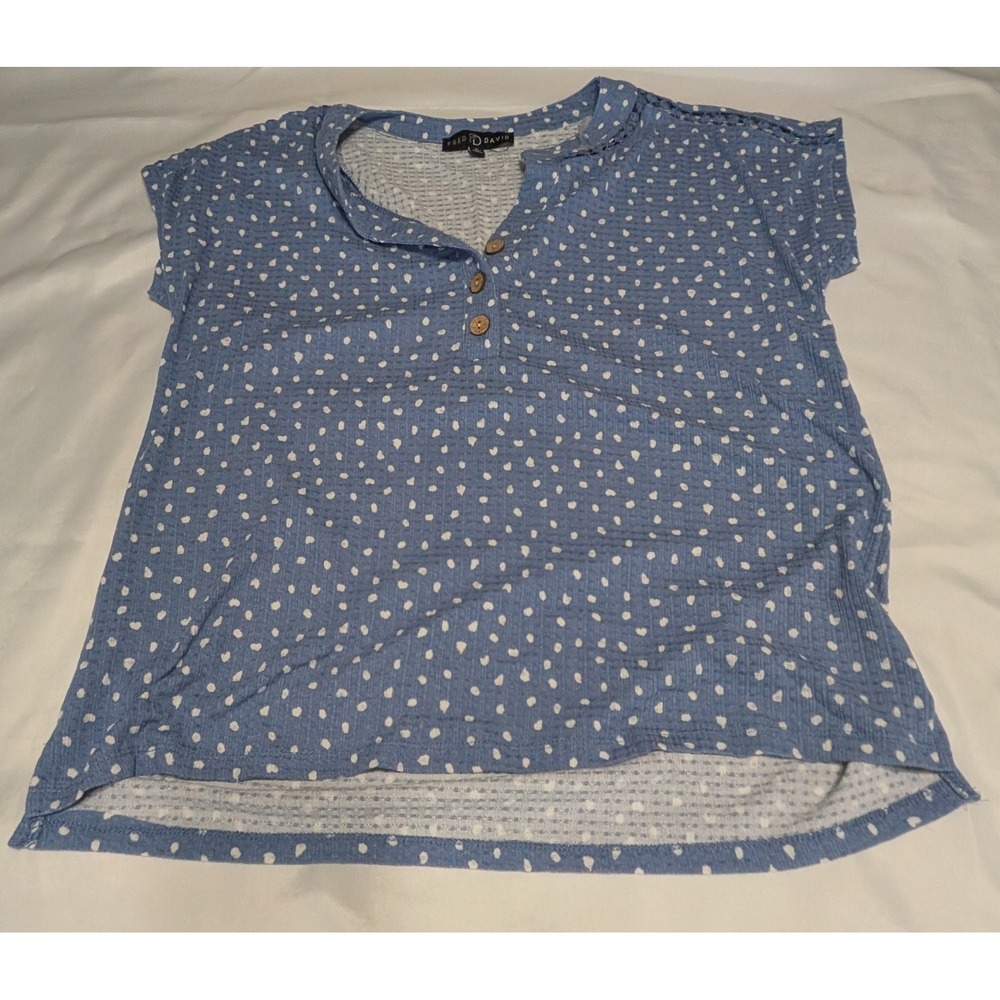 Fred David Henley Top Womens Small Blue Polka Dot Excellent Cap‎ Sleeve High Low